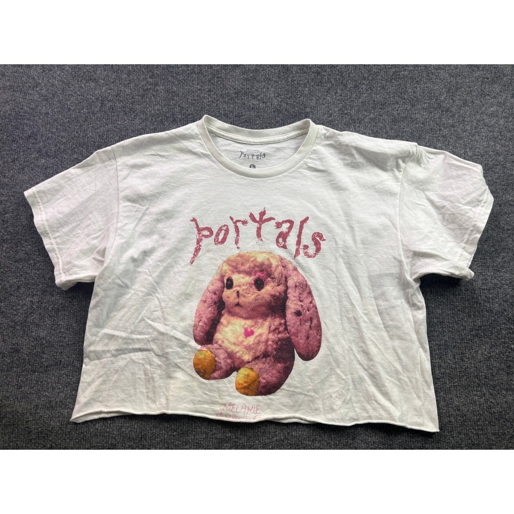 Melanie Martinez Portals Crop Top Womens Large White Graphic T-Shirt Raw Hem‎